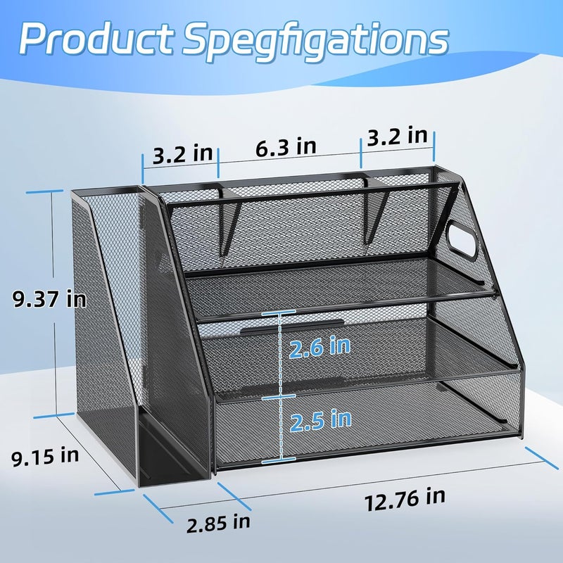 Docnest 3 Tier Metal Mesh Desk Organizer - Letter Tray with Built-in Pen Holder & Handle, Black - Image 2